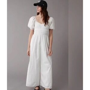 American Eagle White Jumpsuit Smocked Puff Sleeve Wide Leg Size M